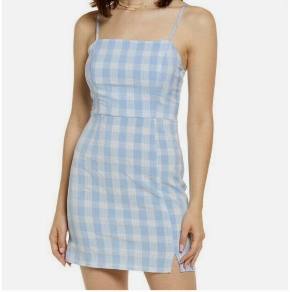 BP Blue White Lola Plaid Spaghetti Strap Dress Mini Small🤍